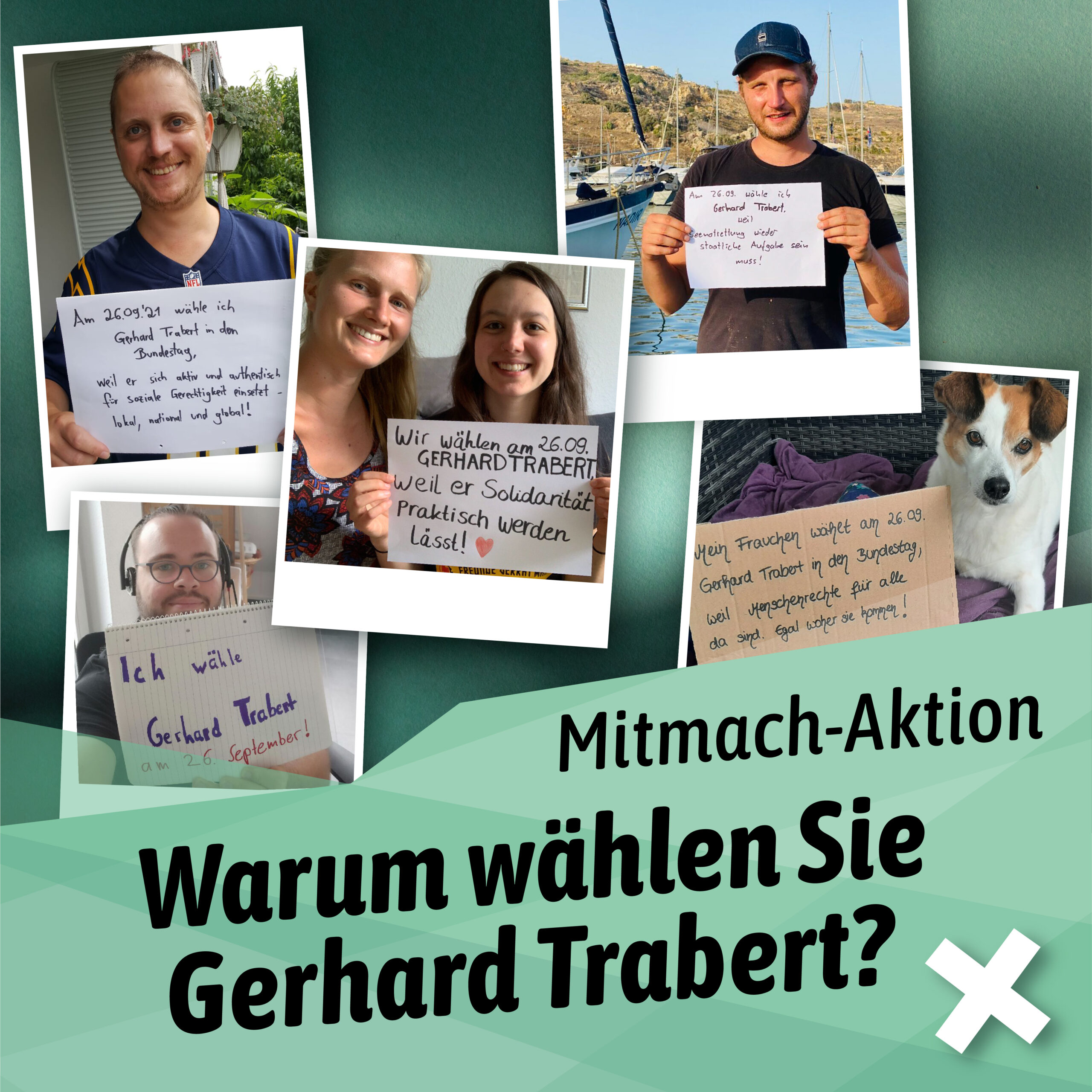 Mitmach-Aktion: Trabert wählen! Flyer mit Menschen und einem Hund, die selbstgemachte Plakate halten.