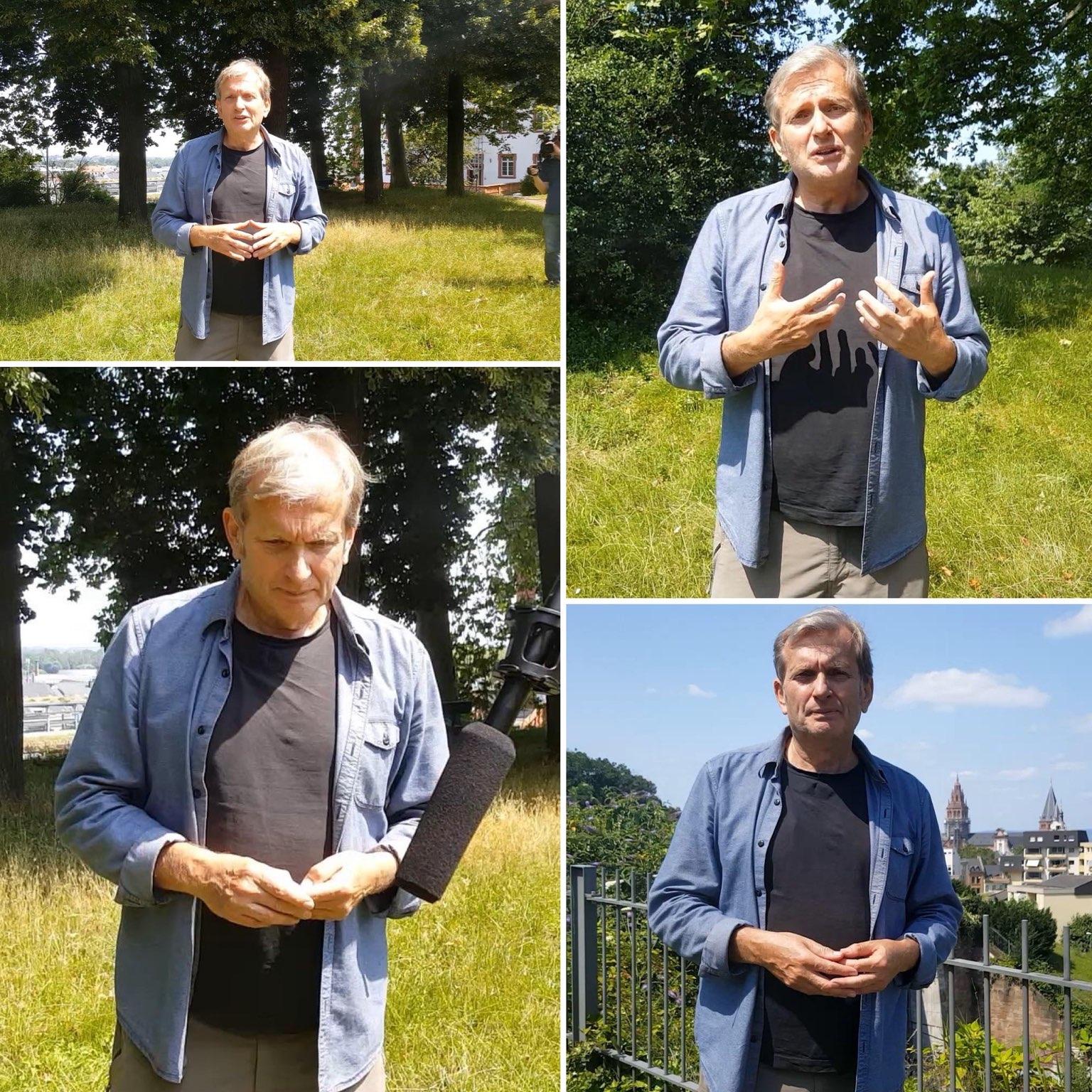 Vier Fotos von Prof. Dr. Gerhard Trabert während eines Interviews in Mainz.